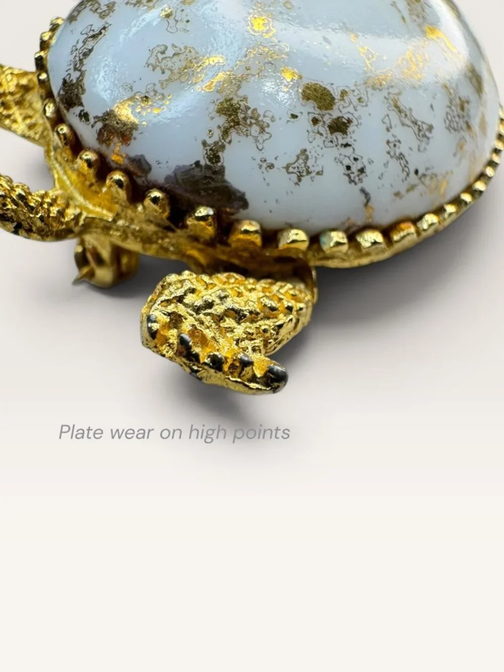 1960s White Glass Gold Leaf Turtle Brooch Gold Tone Figural Animal Vintage